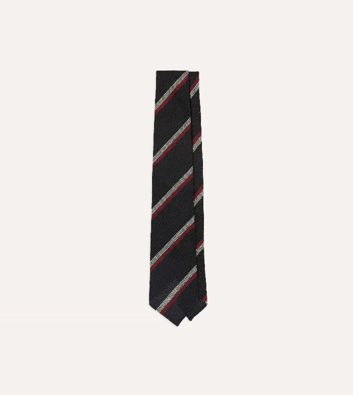 Black, White and Red Stripe Hand Rolled Silk Grenadine Tie