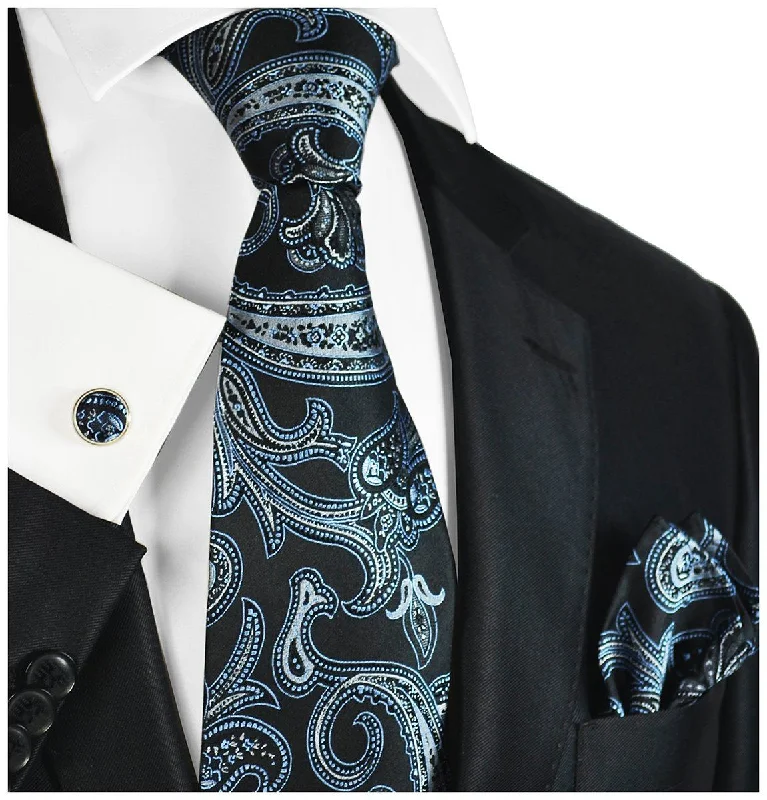 Black with Silver and Blue Paisleys Silk Tie and Accessories