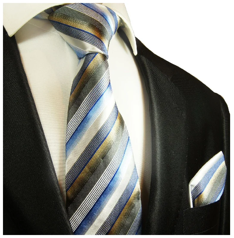 Blue and Tan Striped Silk Tie and Pocket Square