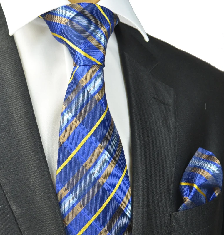 Blue and Yellow Plaid Silk Tie and Pocket Square