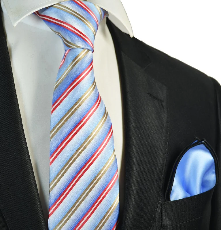 Blue, Gold and Red Striped Men's Tie and Pocket Square