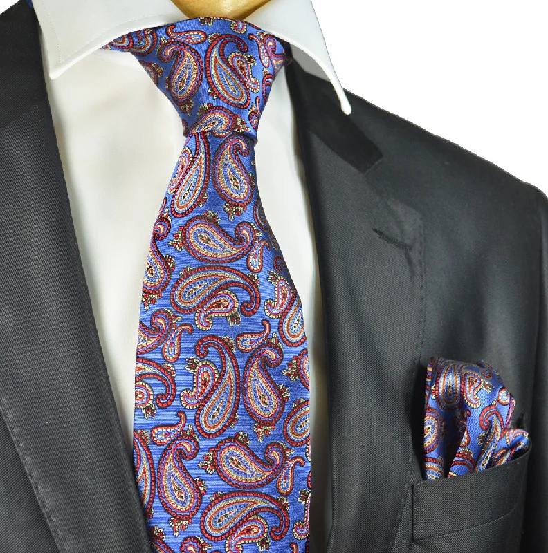 Royal Blue and Red Paisley Silk Tie Set by Paul Malone