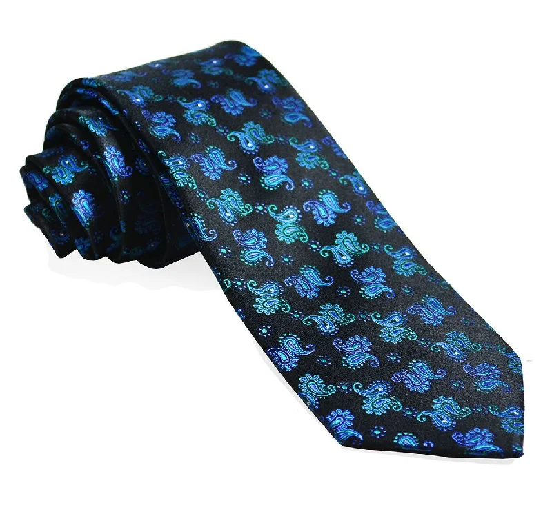 Blue Turquoise on Black Paisley Silk Tie Set by Paul Malone