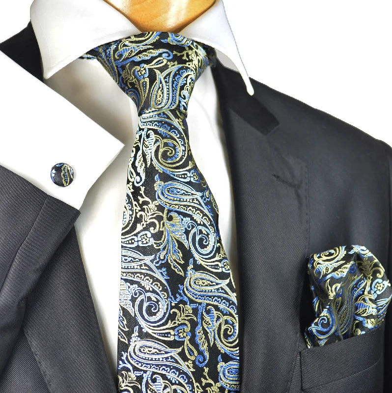 Blue, Yellow and Black Silk Tie Set by Paul Malone