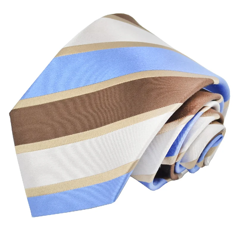 Brown and Blue Striped Silk Tie and Pocket Square