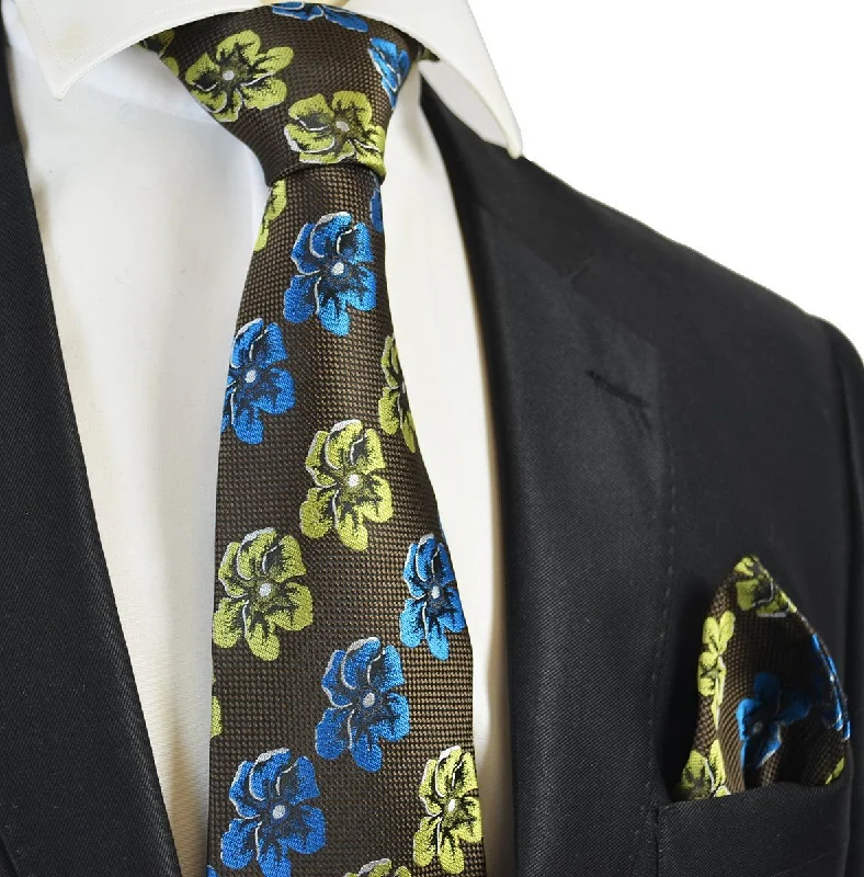 Brown and Green Floral Men's Tie and Pocket Square