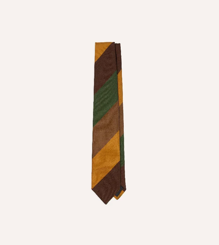 Brown, Green and Yellow Wide Stripe Repp Silk Cotton Tipped Tie