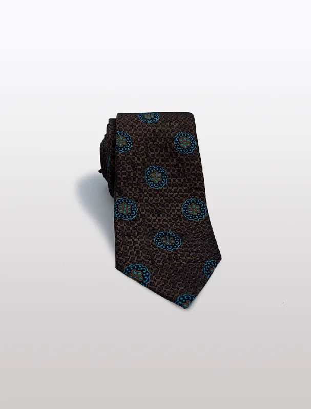 Brown with Blue Motif Patterned Microfiber Tie