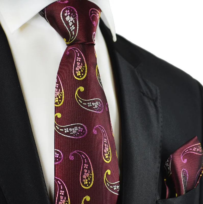 Burgundy Paisley Silk Tie and Pocket Square