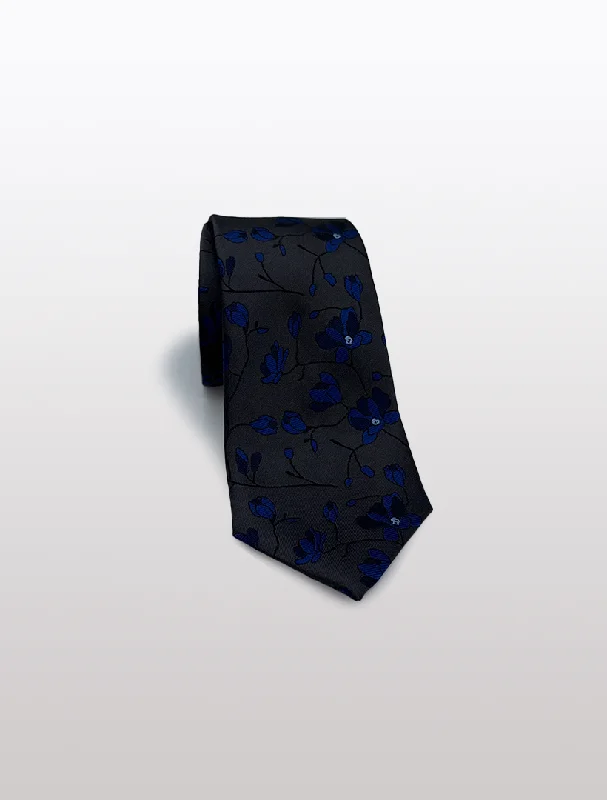 Charcoal with Blue Floral Patterned Microfiber Tie