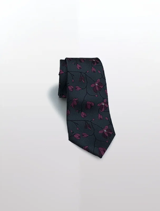 Charcoal with Purple Floral Patterned Microfiber Tie