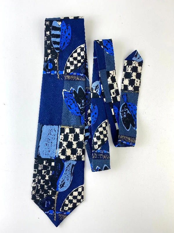 90s Deadstock Silk Necktie, Men's Vintage Blue/ Black Floral Tulip Check Pattern Tie, NOS