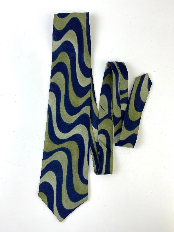 90s Deadstock Silk Necktie, Men's Vintage Blue Green Wave Pattern Tie, NOS