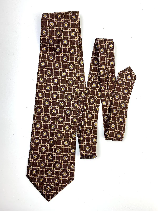 90s Deadstock Silk Necktie, Men's Vintage Brown/ Gold Foulard Geometric Pattern Tie, NOS