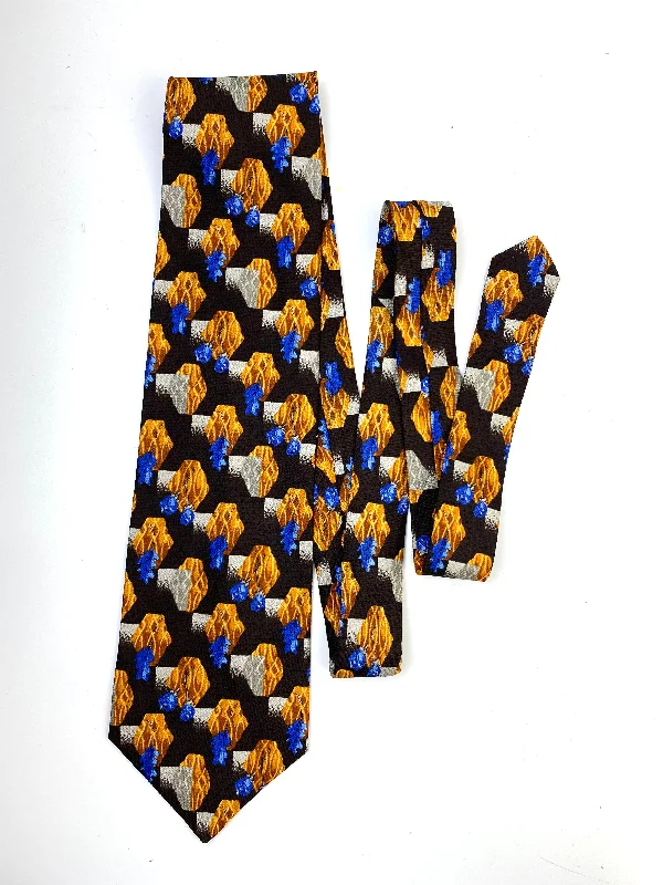 90s Deadstock Silk Necktie, Men's Vintage Brown/ Yellow/ Blue Oak Leaf & Rose Print Tie, NOS