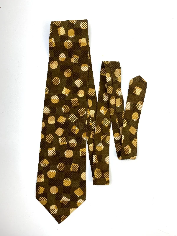 90s Deadstock Silk Necktie, Men's Vintage Brown Circles & Squares Check Pattern Tie, NOS