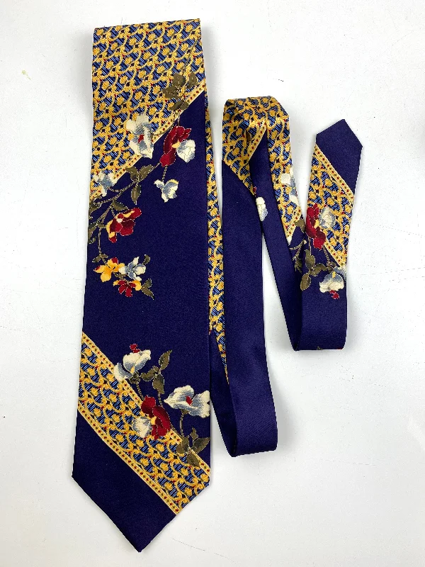 90s Deadstock Silk Necktie, Men's Vintage Purple/ Gold Floral Pattern Tie, NOS