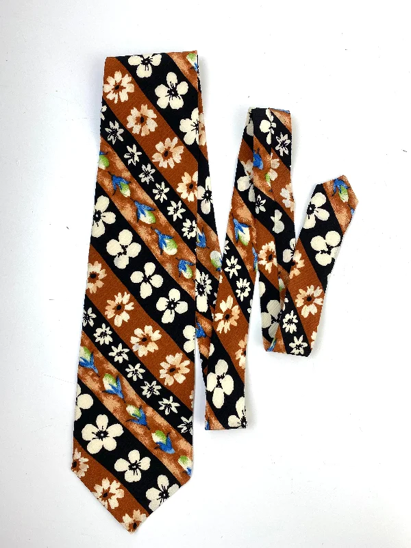 90s Deadstock Silk Necktie, Men's Vintage Brown/ Black Diagonal Stripe Floral Pattern Tie, NOS