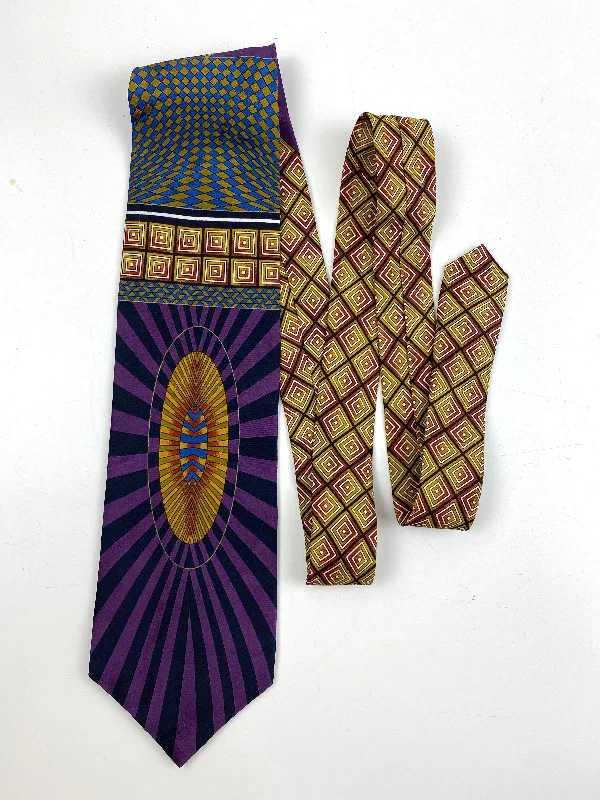 90s Deadstock Silk Necktie, Men's Vintage Purple/ Blue Art Deco Print Tie, NOS