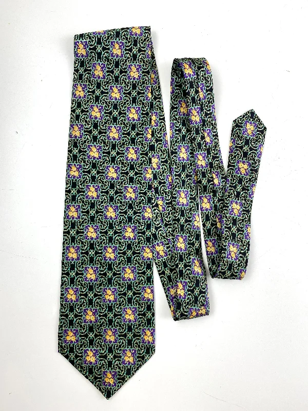 90s Deadstock Silk Necktie, Men's Vintage Green Purple Geometric Art Deco Pattern Tie, NOS