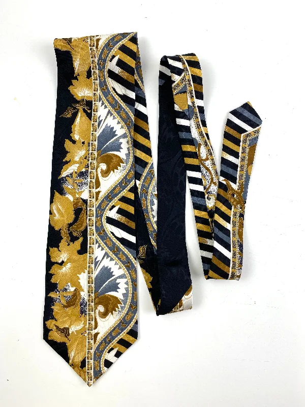 90s Deadstock Silk Necktie, Men's Vintage Black/ Gold Foliage Pattern Tie, NOS