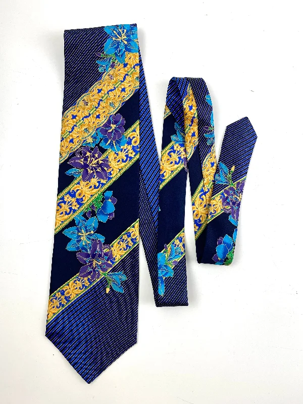 90s Deadstock Silk Necktie, Men's Vintage Blue/ Purple Floral Pattern Tie, NOS