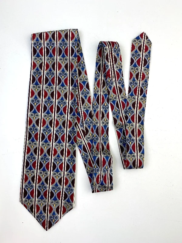 90s Deadstock Silk Necktie, Vintage Wine/ Blue Geometric Pattern Tie, NOS