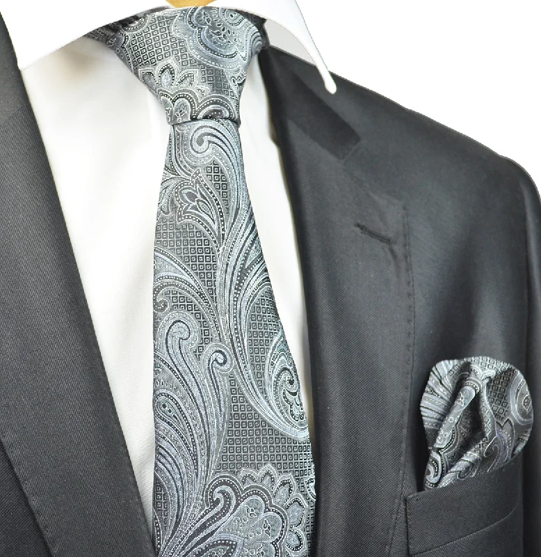 Grey Paisley Necktie and Pocket Square