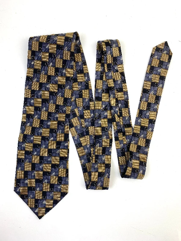 90s Deadstock Silk Necktie, Men's Vintage Gold/Blue Geometric Pattern Tie, NOS