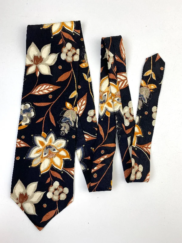 90s Deadstock Silk Necktie, Men's Vintage Black/ Gold Floral Pattern Tie, NOS