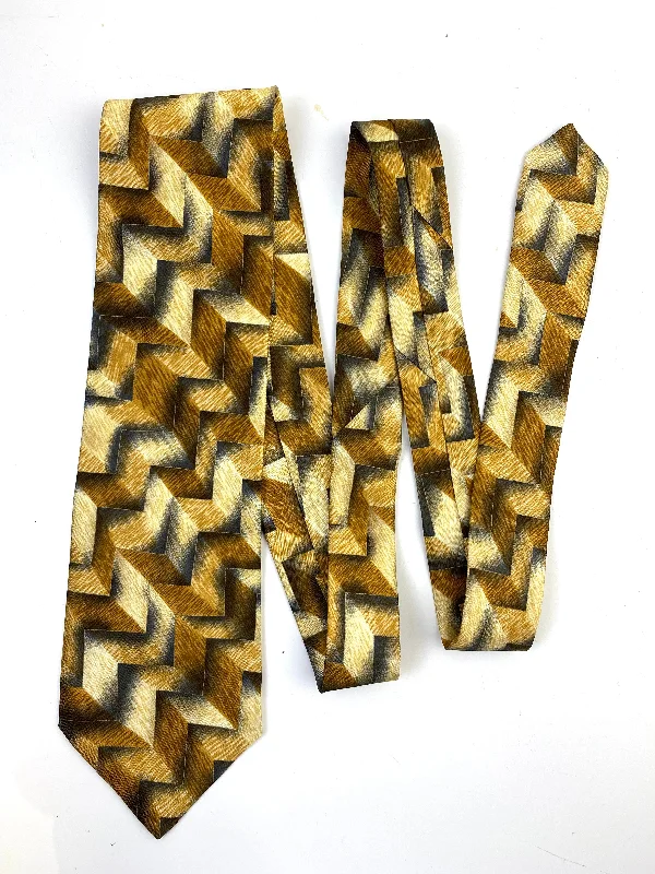 90s Deadstock Silk Necktie, Men's Vintage Gold Geo- Chevron Pattern Tie, NOS