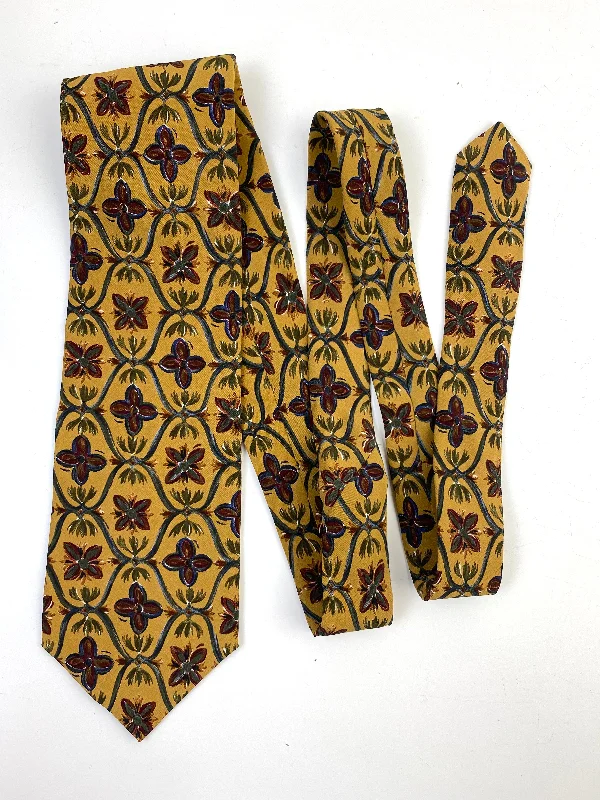 90s Deadstock Silk Necktie, Men's Vintage Gold Floral Ogee Pattern Tie, NOS