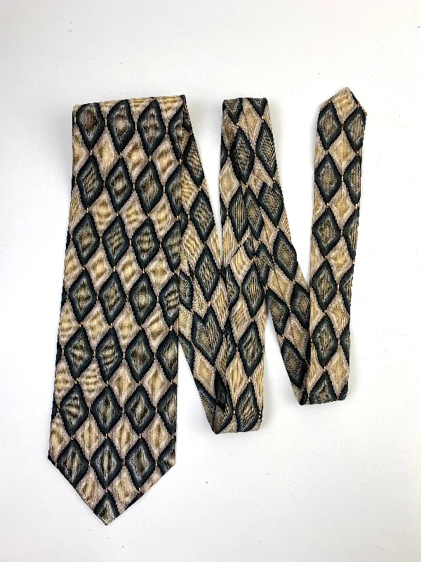 90s Deadstock Silk Necktie, Men's Vintage Gold/ Green Diamond Harlequin Check Pattern Tie, NOS