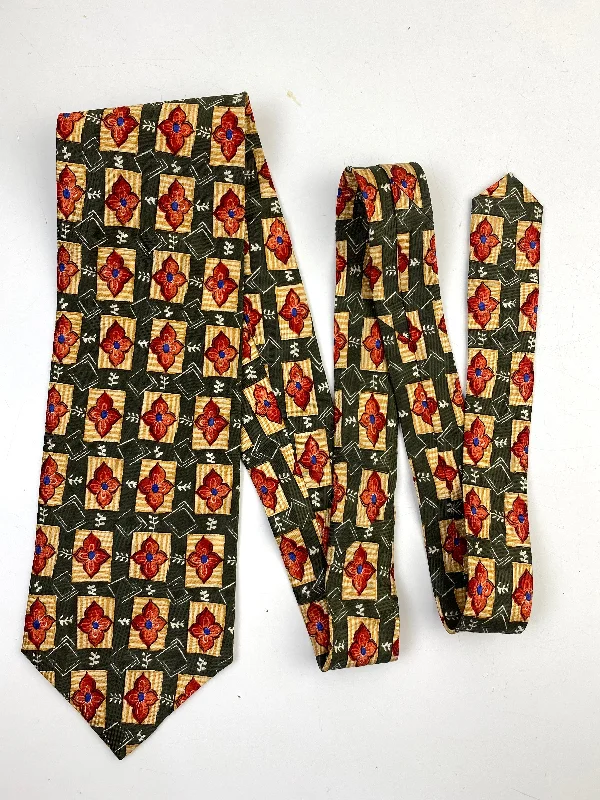 90s Deadstock Silk Necktie, Men's Vintage Green/ Gold/ Red Floral Foulard Pattern Tie, NOS