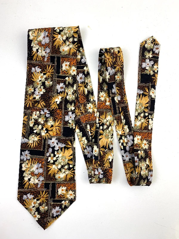 90s Deadstock Silk Necktie, Men's Vintage Gold/Black Floral Pattern Tie, NOS