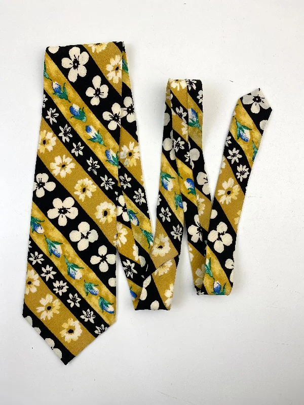 90s Deadstock Silk Necktie, Men's Vintage Gold/Black Diagonal Stripe Floral Pattern Tie, NOS