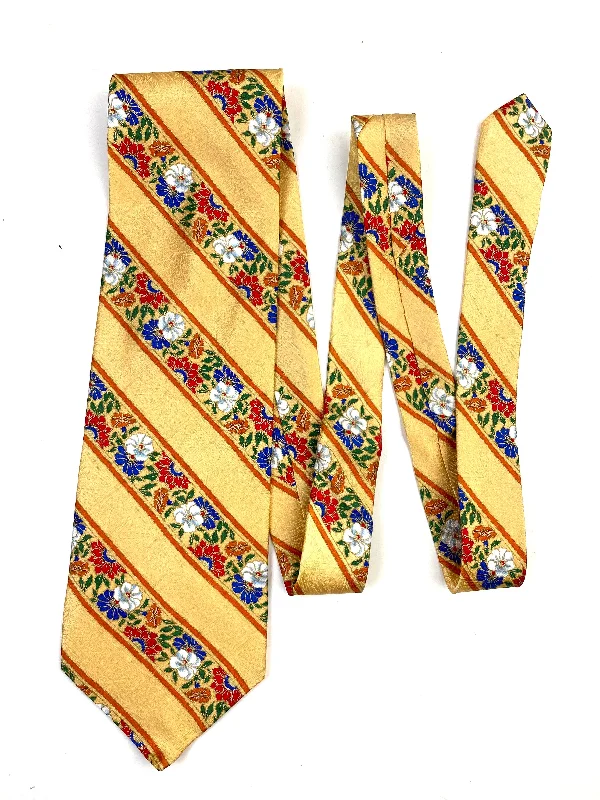 90s Deadstock Silk Necktie, Men's Vintage Gold/ Orange Diagonal Stripe Floral Pattern Tie, NOS