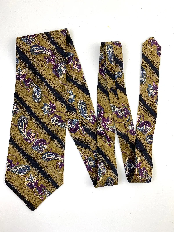 90s Deadstock Silk Necktie, Men's Vintage Gold Diagonal Stripe/ Floral Boteh Tie, NOS