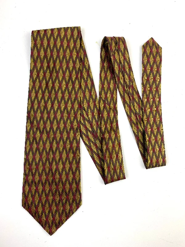 90s Deadstock Silk Necktie, Men's Vintage Wine/ Gold Argyle Pattern Tie, NOS