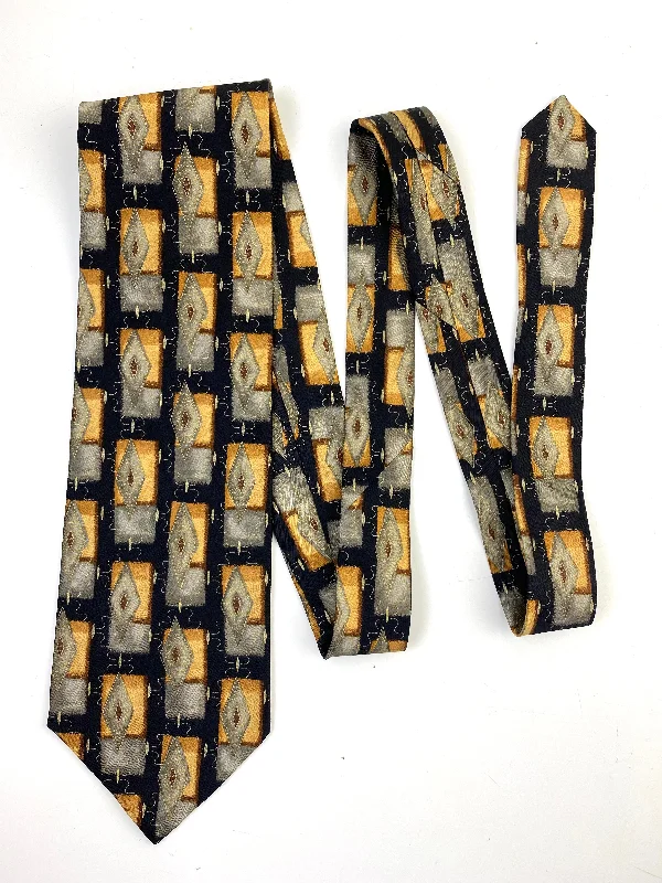 90s Deadstock Silk Necktie, Men's Vintage Gold/ Black Geometric Pattern Tie, NOS