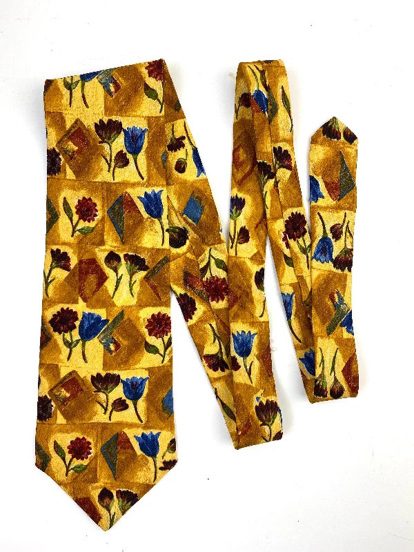 90s Deadstock Silk Necktie, Men's Vintage Blue Tulip/ Red Daisy Floral Pattern Gold Tie, NOS