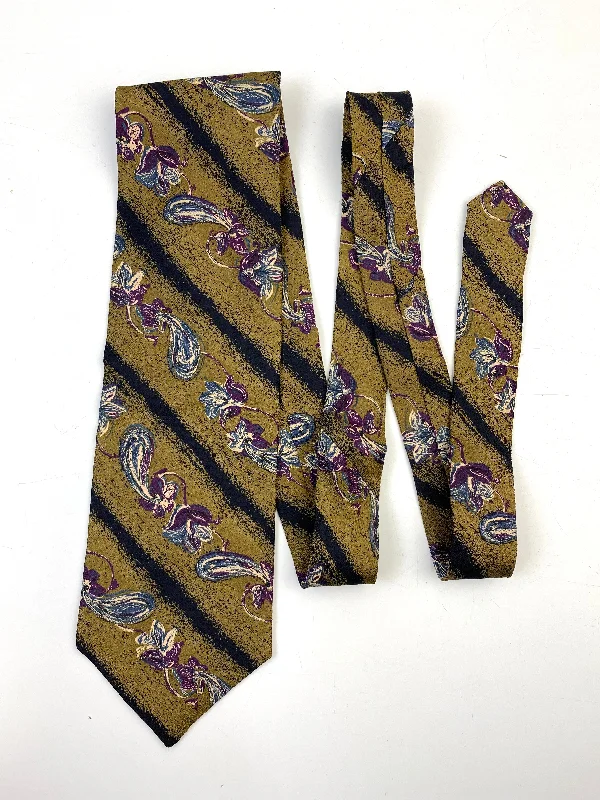 90s Deadstock Silk Necktie, Men's Vintage Gold/Purple Diagonal Stripe Floral Paisley Pattern Tie, NOS