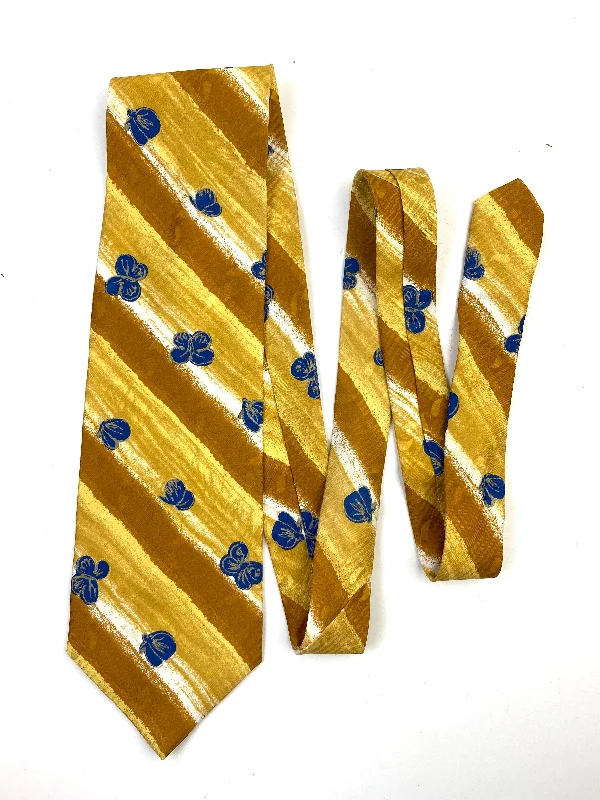 90s Deadstock Silk Necktie, Men's Vintage Gold Diagonal Stripe Blue Butterfly Pattern Tie, NOS