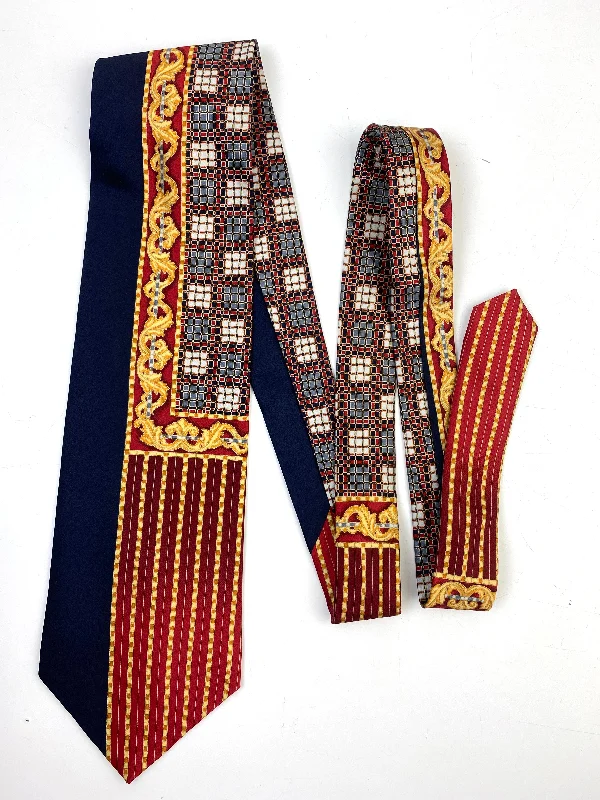 90s Deadstock Silk Necktie, Men's Vintage Gold/Navy/Red Stripe Filigree Pattern Tie, NOS