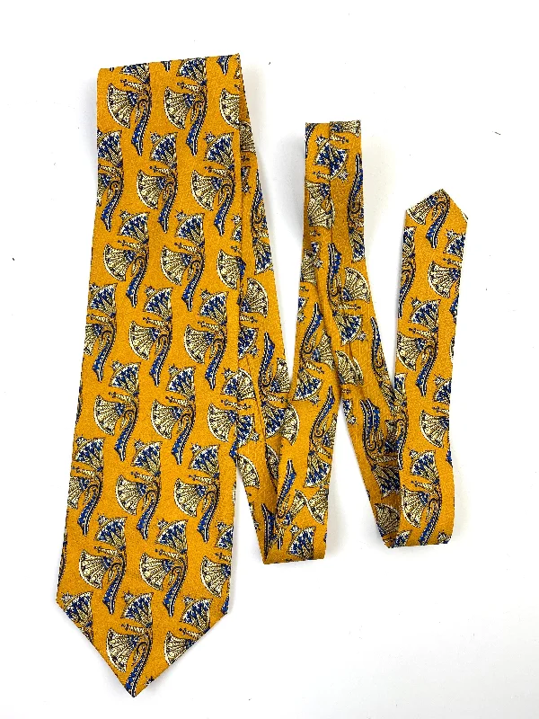 90s Deadstock Silk Necktie, Men's Vintage Gold/ Blue Asian Pattern Tie, NOS