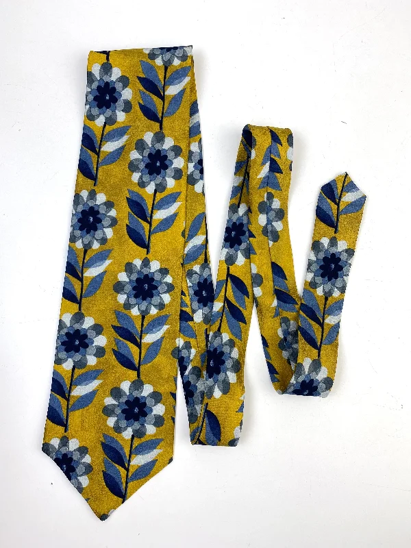 90s Deadstock Silk Necktie, Men's Vintage Gold/ Blue Mid-Century Modern Floral Pattern Tie, NOS