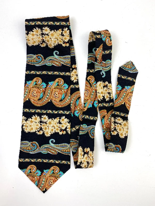 90s Deadstock Silk Necktie, Men's Vintage Gold/Black Paisley Floral Pattern Tie, NOS