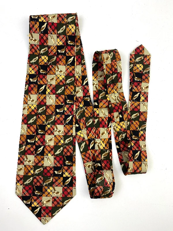 90s Deadstock Silk Necktie, Men's Vintage Gold/Red/Green Check Plaid Bird Pattern Tie, NOS