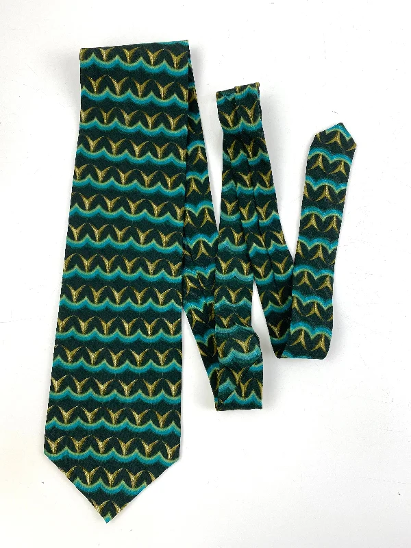 90s Deadstock Silk Necktie, Men's Vintage Green Geometric Pattern Tie, NOS