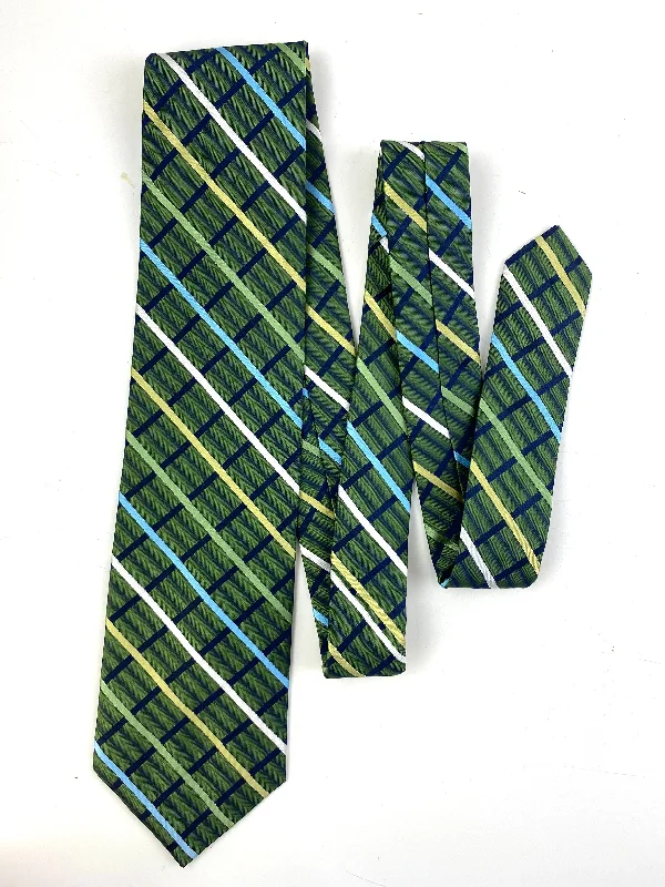 90s Deadstock Silk Necktie, Men's Vintage Green/ Blue Check Stripe Pattern Tie, NOS